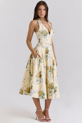 lemon ribbon stretch cotton halter midi sundress