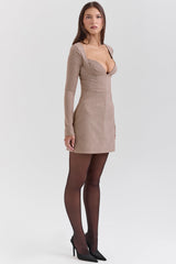 brown puppytooth check plunge mini dress - sale