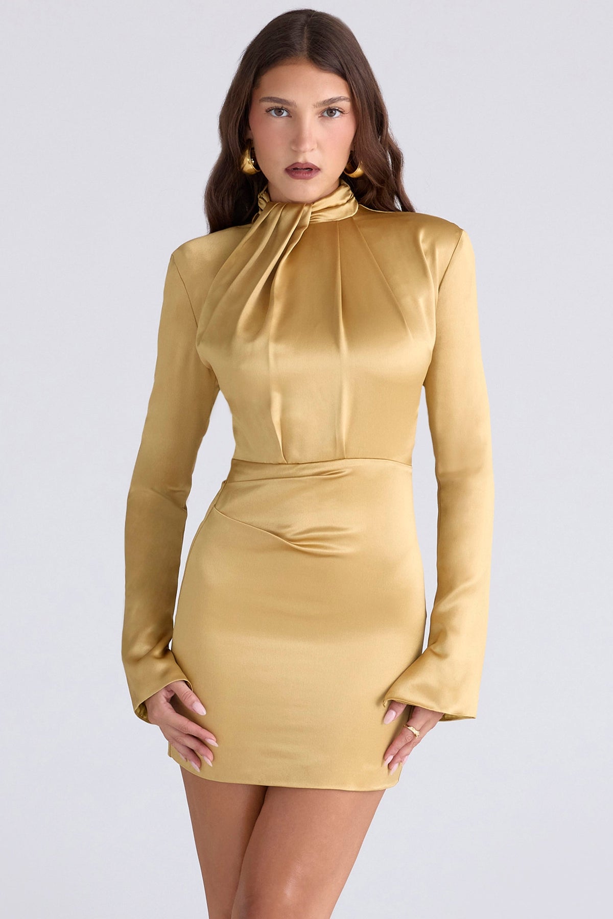 gold long sleeve satin mini dress