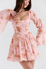 english vintage rose print puff sleeve mini dress