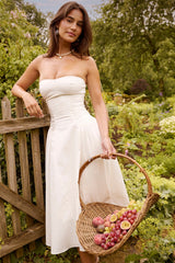 white cotton strapless midi sundress