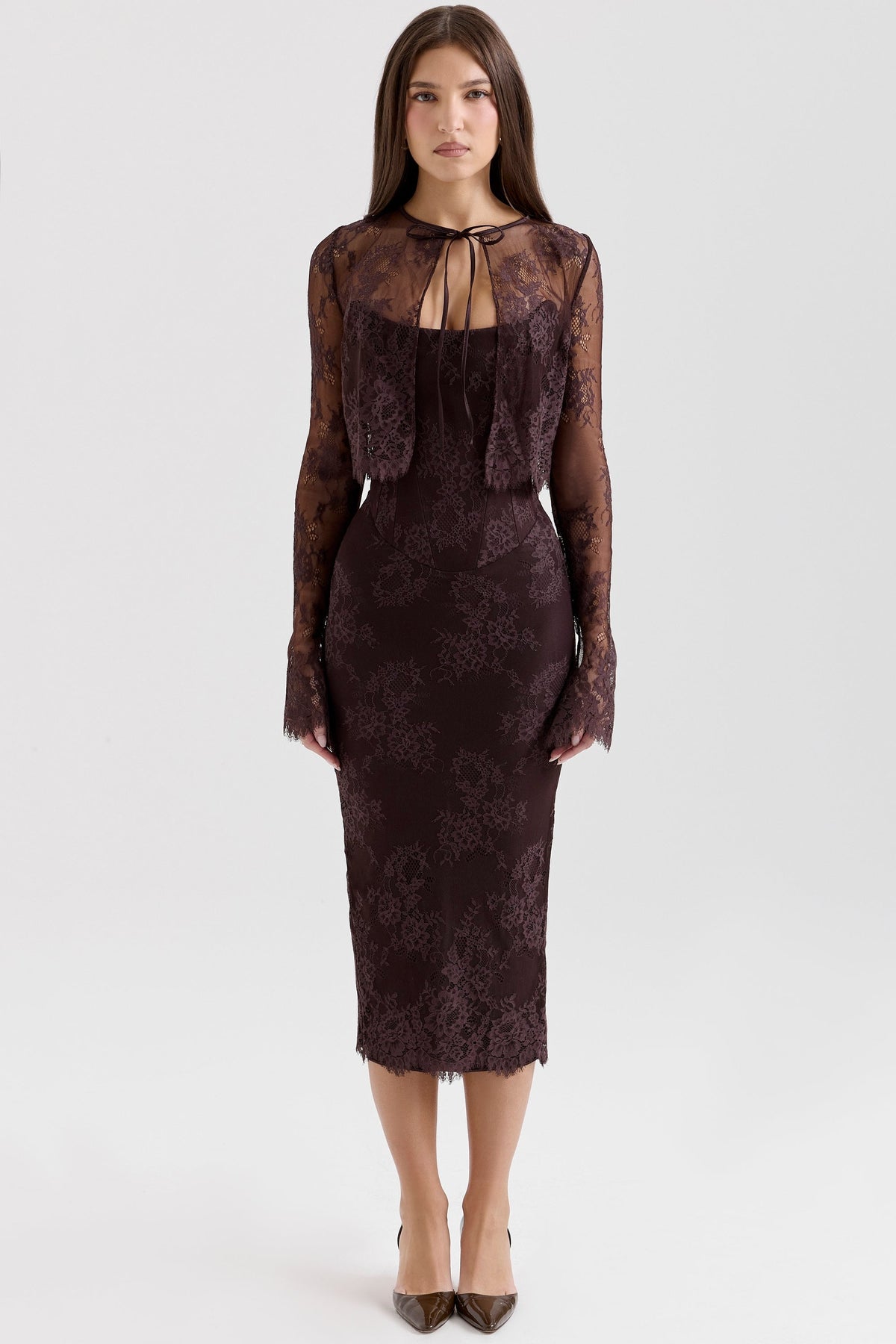 bitter chocolate lace corset midi dress & bolero