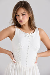 white stretch cotton lace up midi dress