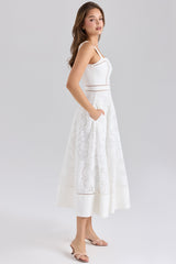 white stretch cotton broderie anglaise midi dress