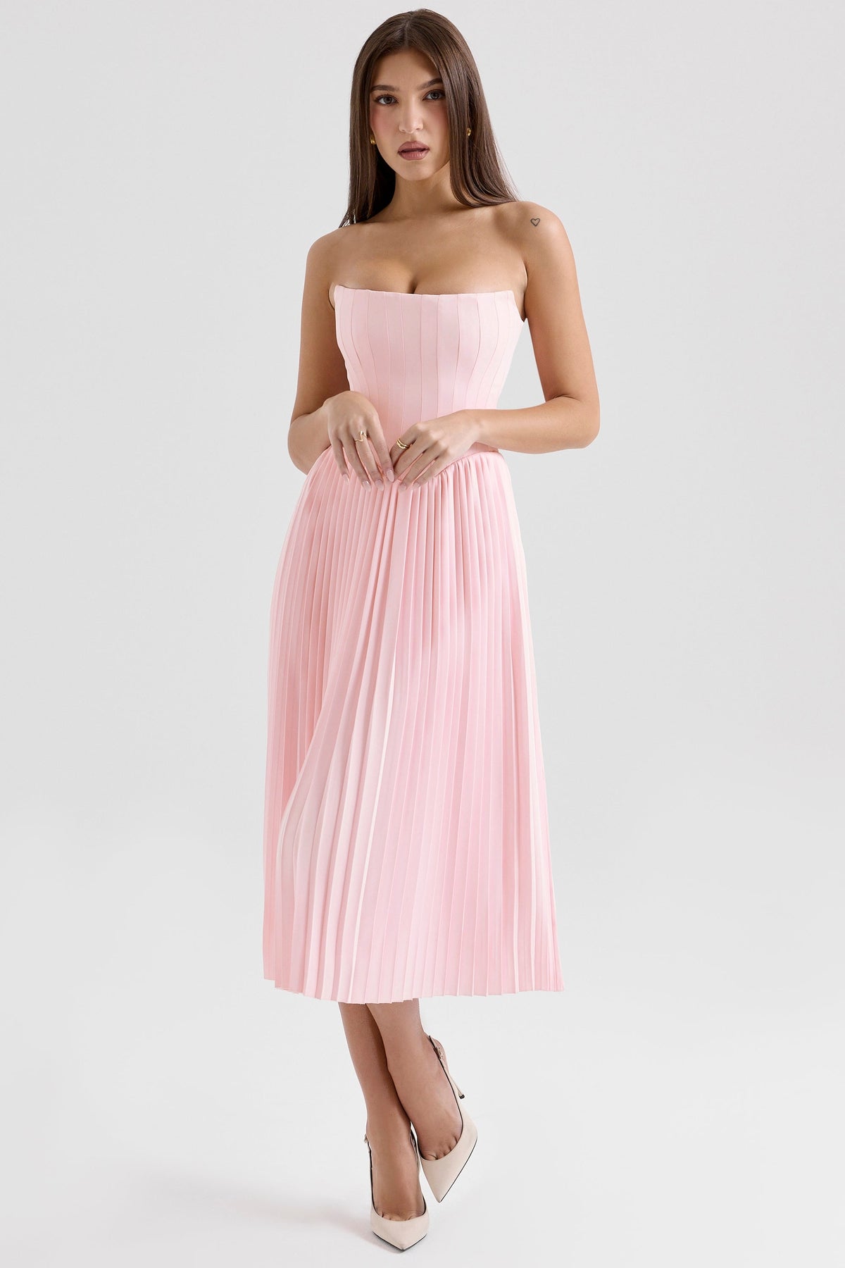 pink pleated midi corset dress