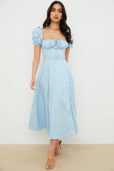 blue ivory floral puff sleeve midi dress