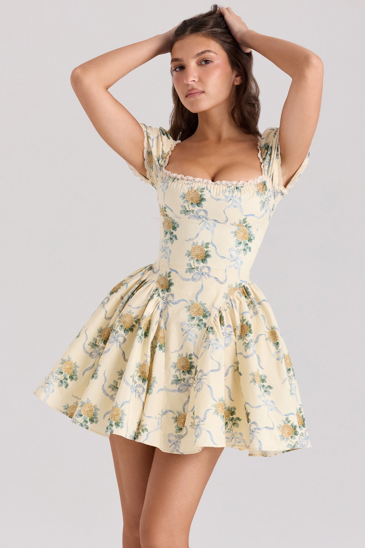lemon rose print cotton mini dress