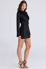 black satin long sleeve backless mini dress