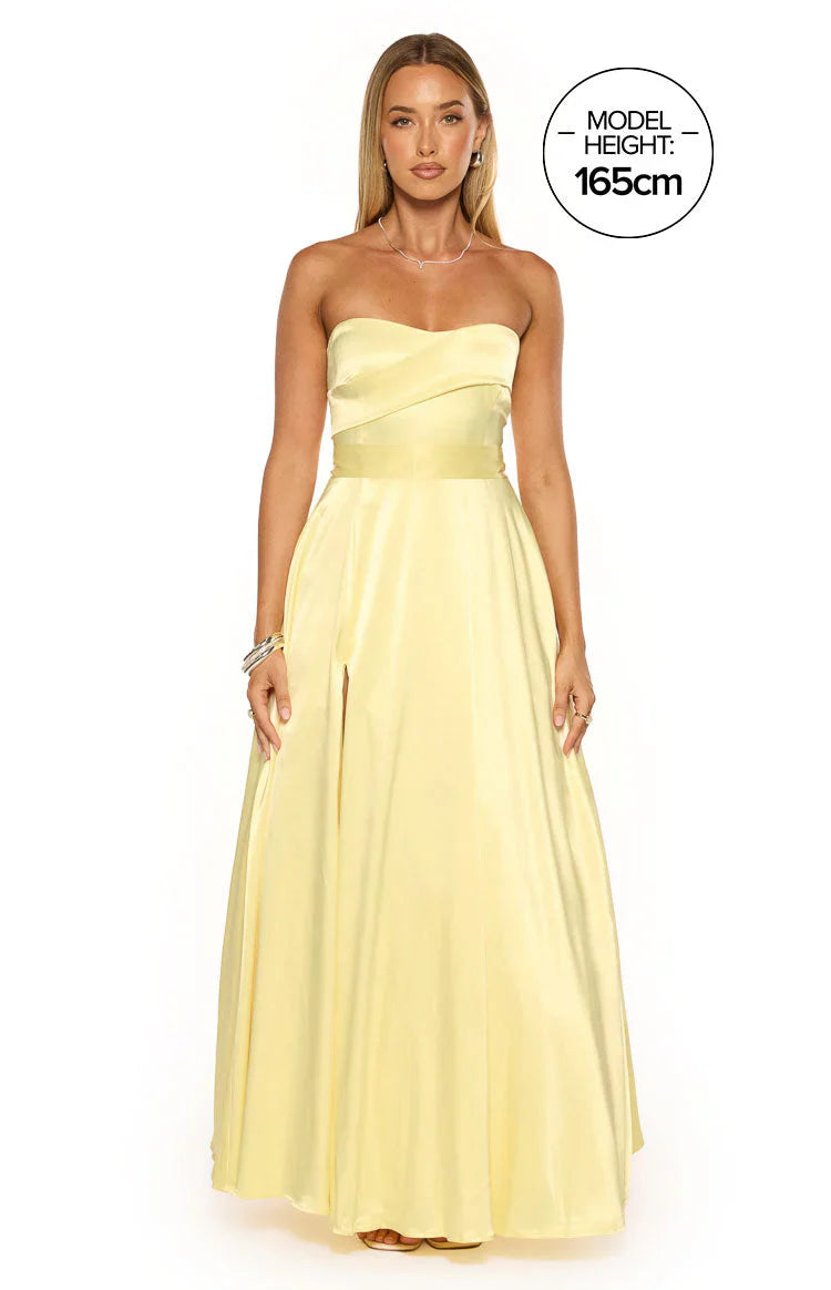 Lucy Yellow Strapless Satin Formal Maxi Dress