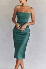 forest draped corset midi dress