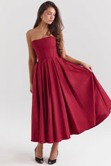 berry strapless detachable bow midi dress