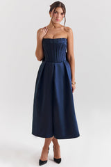 midnight blue strapless detachable bow midi dress