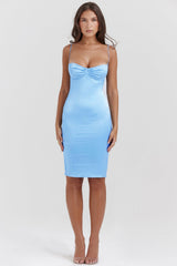 soft blue satin midi dress
