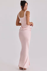 blush pink satin gathered maxi dress
