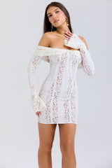 vintage cream floral lace off shoulder mini dress