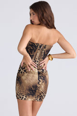 leopard print satin strapless mini dress