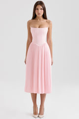 pink pleated midi corset dress