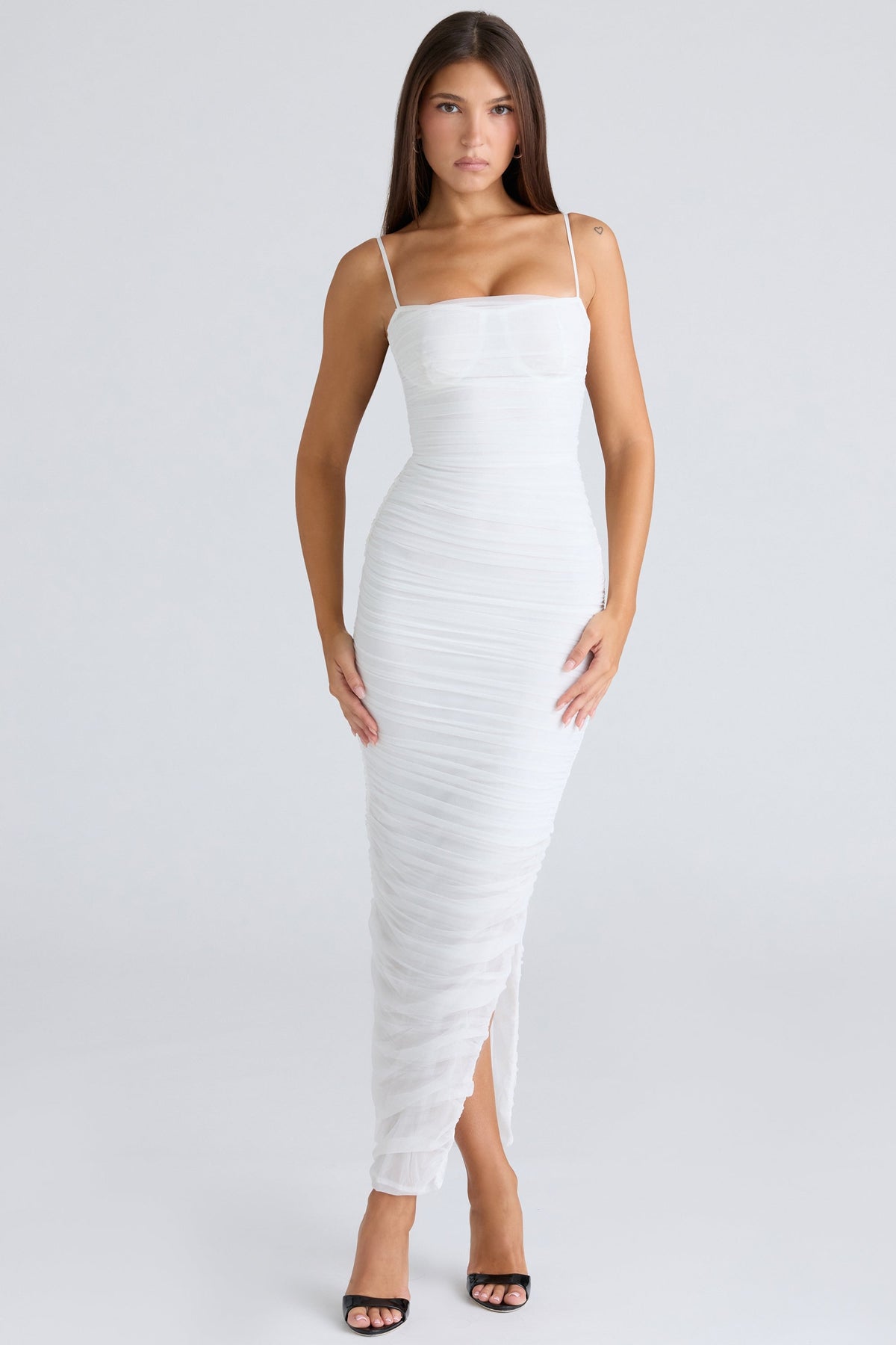 white gathered stretch mesh maxi dress