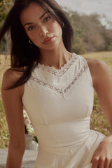white cotton lace trim waist cinch midi dress