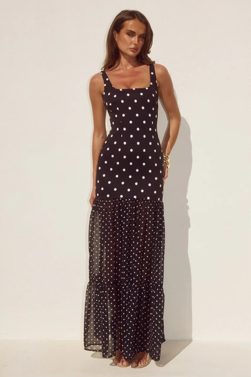 TILLIE SHEER BOTTOM MAXI DRESS - BLACK/WHITE POLKA
