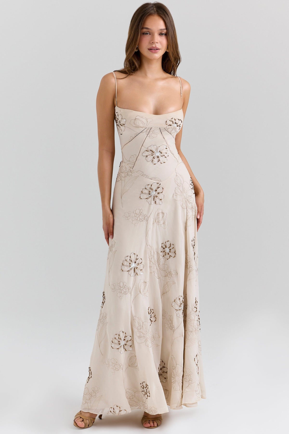 vanilla embroidered hand beaded floral maxi dress