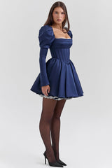 midnight satin puff sleeve mini dress - sale