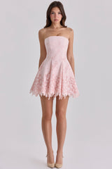 pink strapless cut out broderie anglaise mini dress