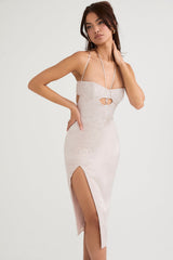 crystal satin and lace midi dress