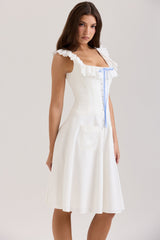 white cotton broderie anglaise trim midi dress