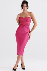 hot pink draped corset midi dress