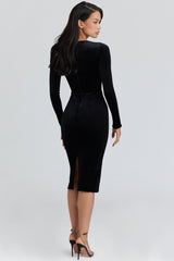 black velvet silhouette midi dress