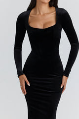 black velvet silhouette midi dress