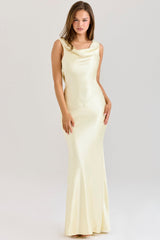 buttermilk satin draped cowl neck maxi dress