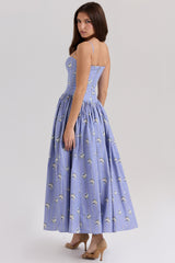 blue daisy print stretch cotton midi sundress