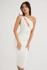 ivory asymmetric cutout midi dress