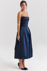 midnight blue strapless detachable bow midi dress