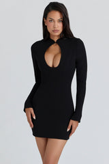 black crepe keyhole silhouette mini dress
