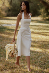 white halter neck cotton midi dress