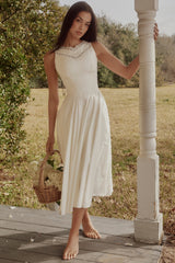 white cotton lace trim waist cinch midi dress