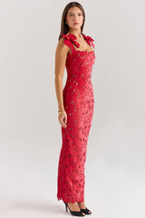 holly red velvet lace maxi dress